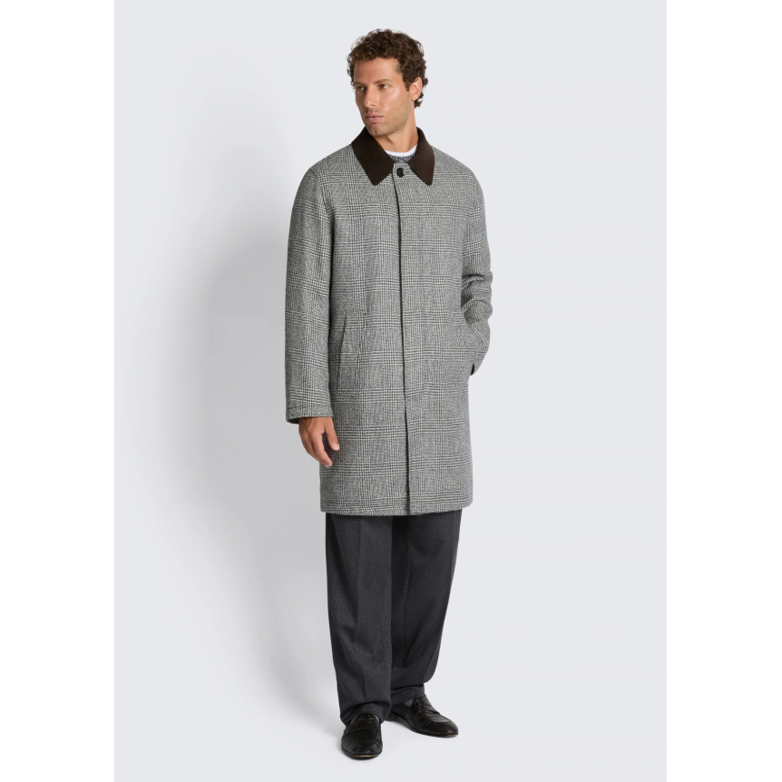 Manteau réversible BRIONI en laine prince de Galles et baby alpaga vert olive col daim marron