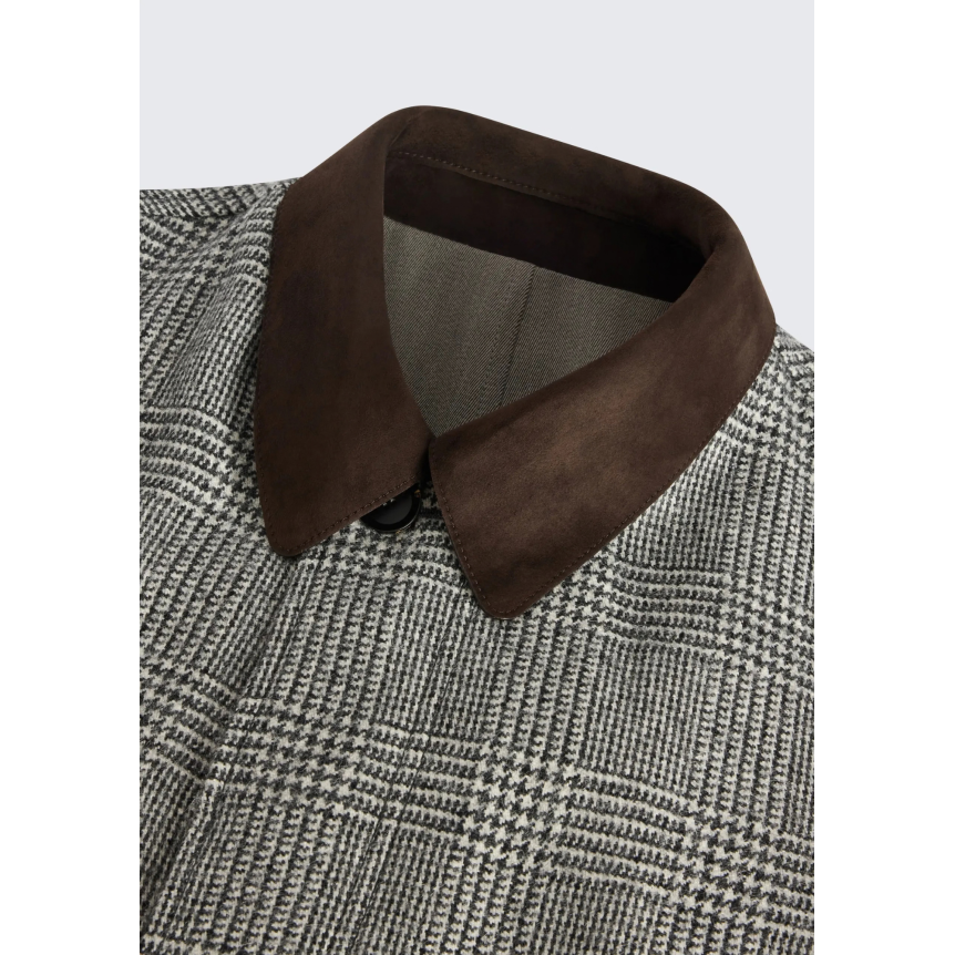 Manteau réversible BRIONI en laine prince de Galles et baby alpaga vert olive col daim marron