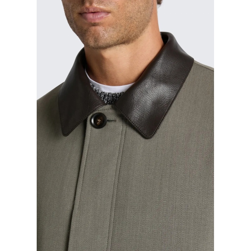 Manteau réversible BRIONI en laine prince de Galles et baby alpaga vert olive col daim marron