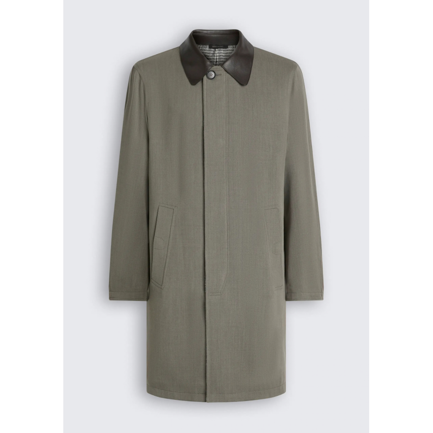 Manteau réversible BRIONI en laine prince de Galles et baby alpaga vert olive col daim marron