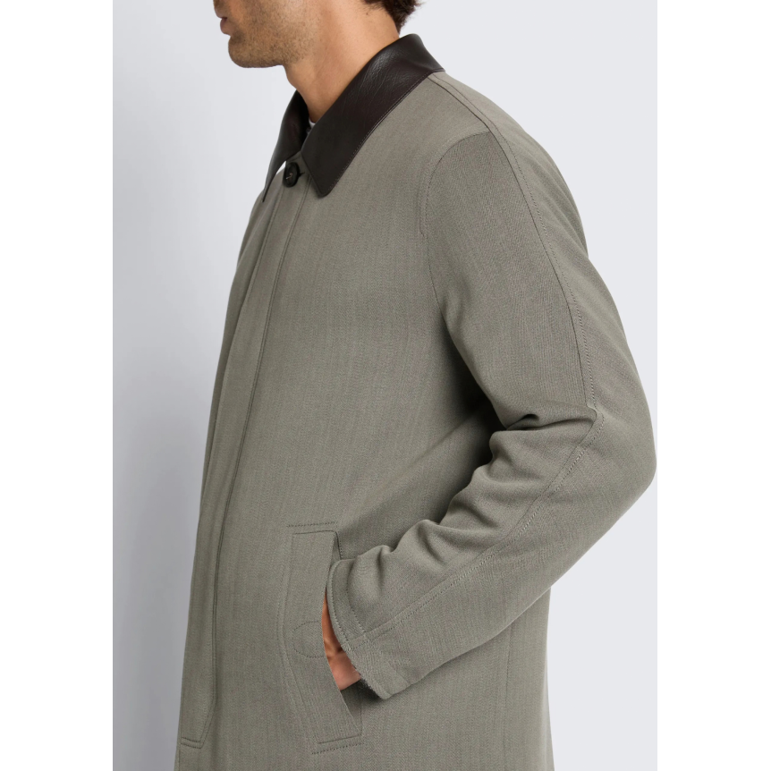 Manteau réversible BRIONI en laine prince de Galles et baby alpaga vert olive col daim marron