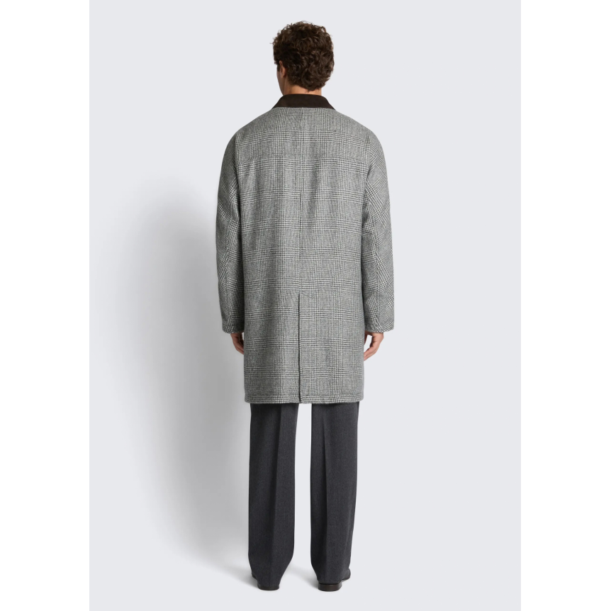 Manteau réversible BRIONI en laine prince de Galles et baby alpaga vert olive col daim marron