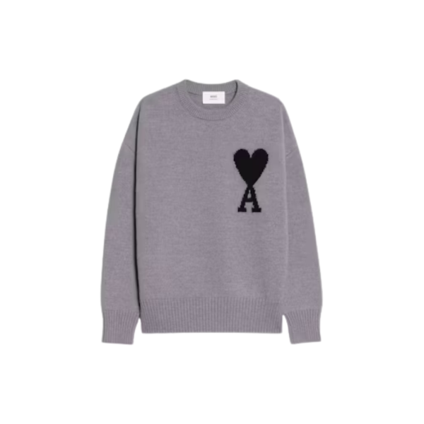 Pull col rond   laine grise gros cœur noir