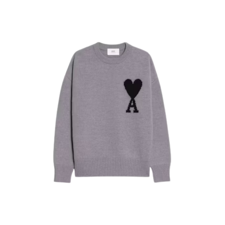 Pull col rond   laine grise gros cœur noir