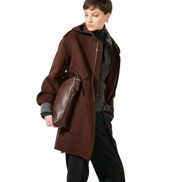 Manteau Parka BARBARA BUI à capuche 4 poches laine cachemire marron chocolat