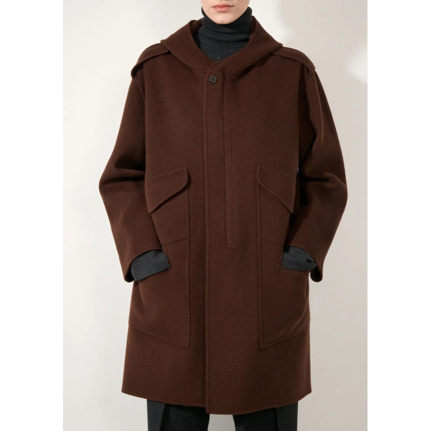 Manteau Parka BARBARA BUI à capuche 4 poches laine cachemire marron chocolat