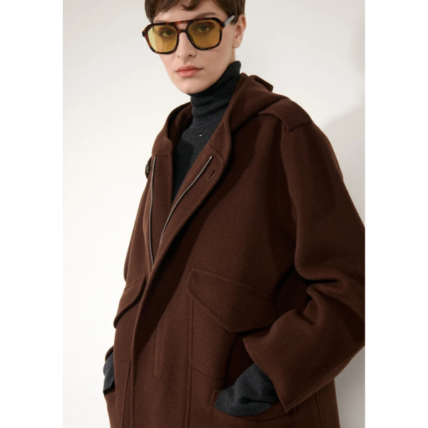 Manteau Parka BARBARA BUI à capuche 4 poches laine cachemire marron chocolat