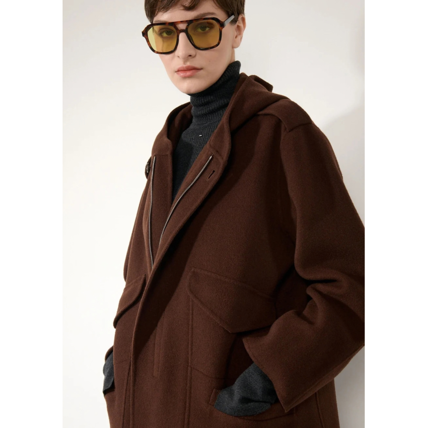 Manteau Parka BARBARA BUI à capuche 4 poches laine cachemire marron chocolat