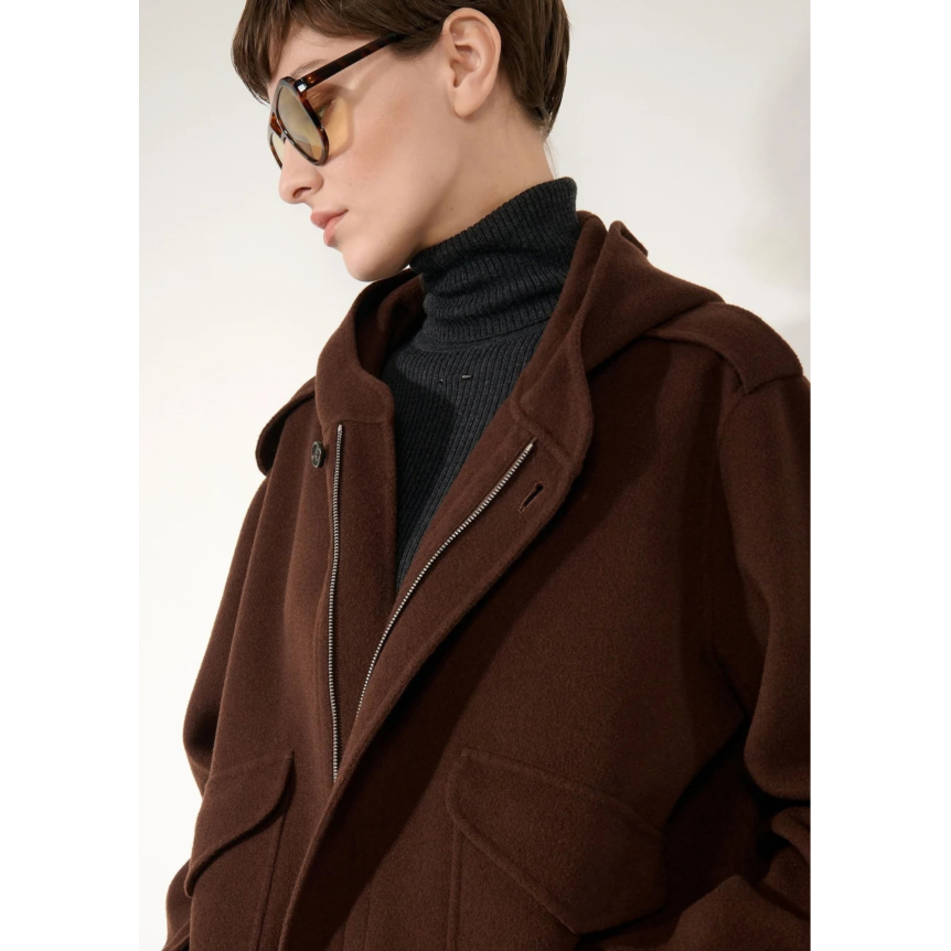 Manteau Parka BARBARA BUI à capuche 4 poches laine cachemire marron chocolat