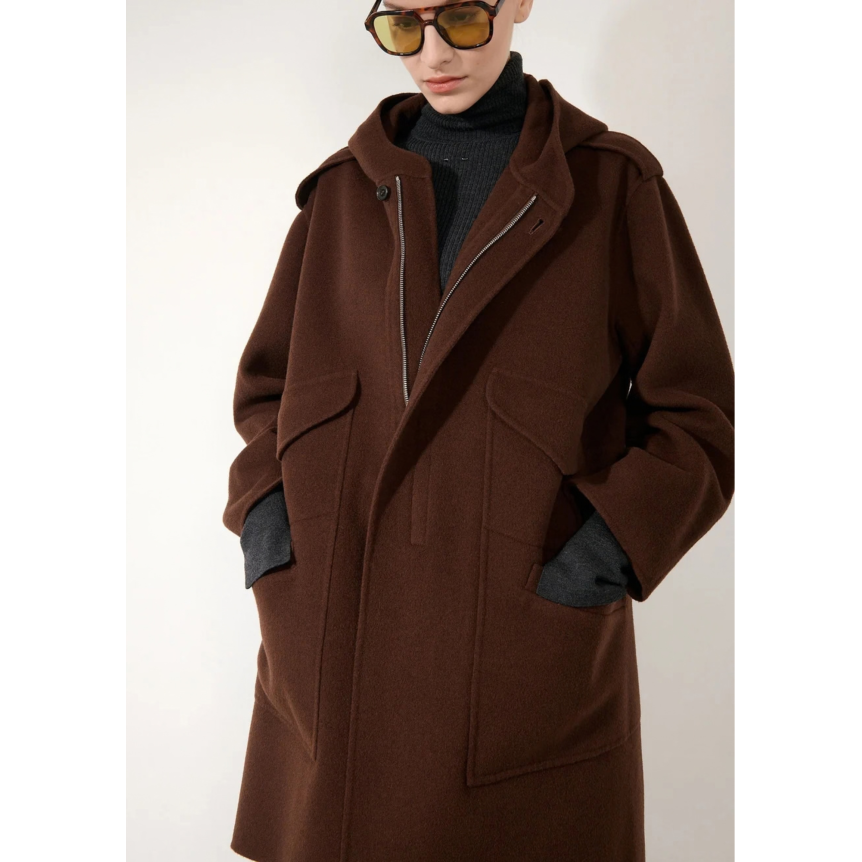 Manteau Parka BARBARA BUI à capuche 4 poches laine cachemire marron chocolat