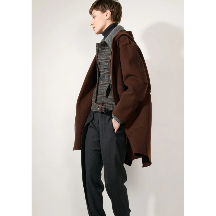 Manteau Parka BARBARA BUI à capuche 4 poches laine cachemire marron chocolat