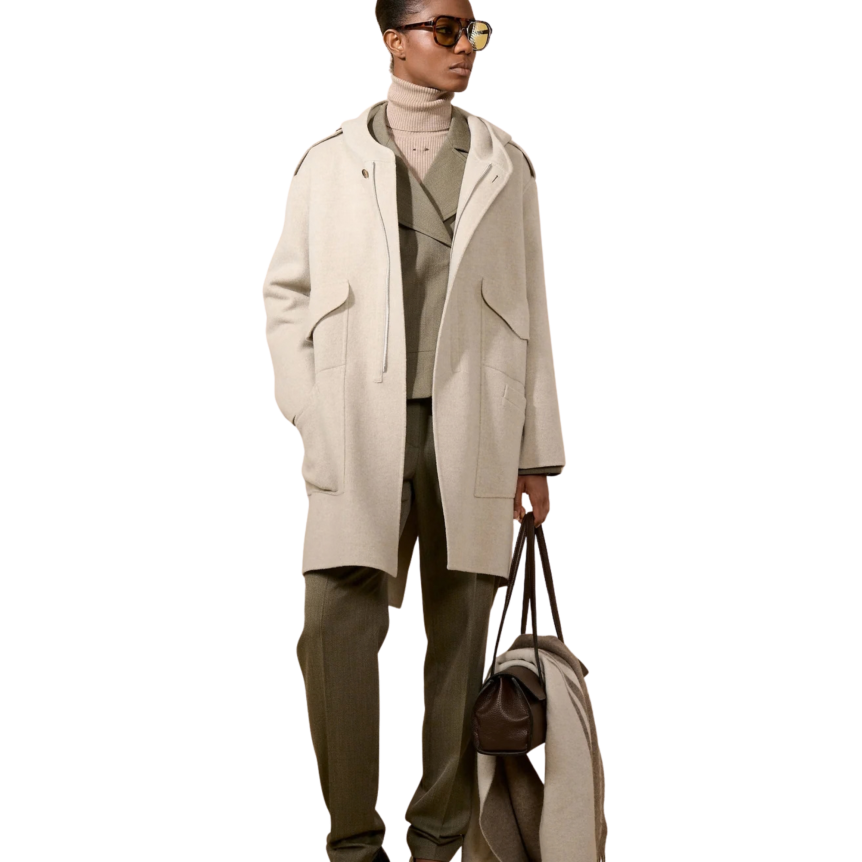 Manteau Parka BARBARA BUI  à capuche 4 poches laine cachemire gris beige