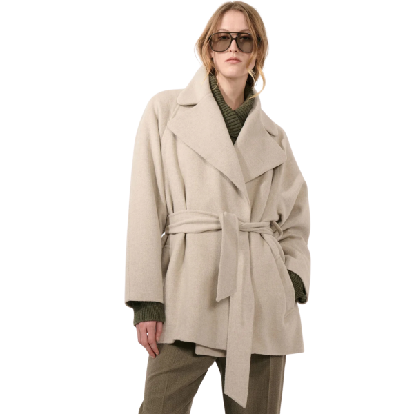 Manteau court BARABRA BUI gros col croisé ceinture laine cachemire gris beige
