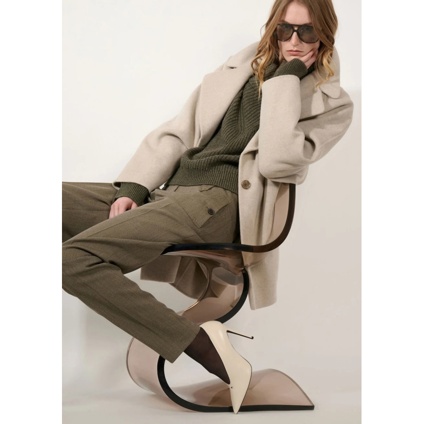 Manteau court BARABRA BUI gros col croisé ceinture laine cachemire gris beige