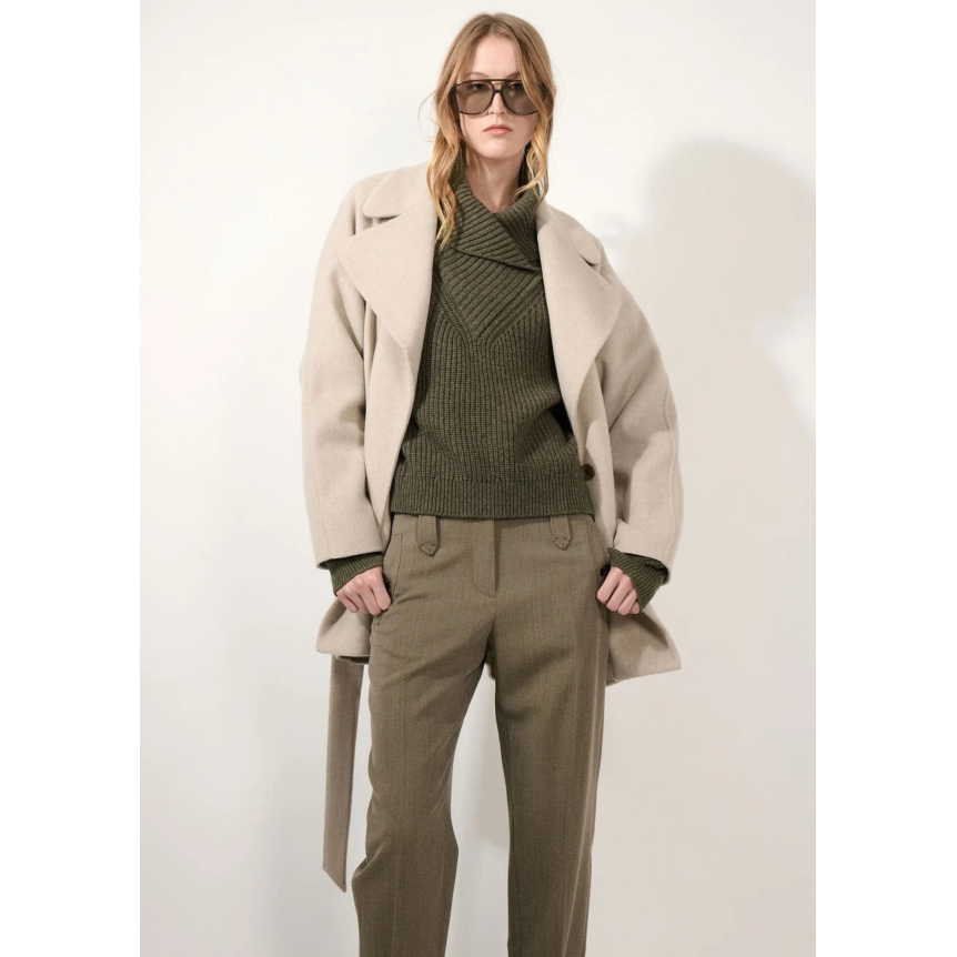 Manteau court BARABRA BUI gros col croisé ceinture laine cachemire gris beige