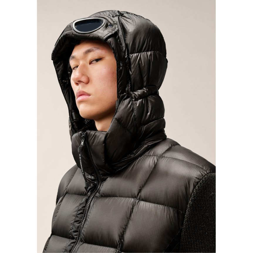 Cardigan à capuche à lunettes CP COMPANY bi matière laine mérinos extrafine nylon DD Shell noir