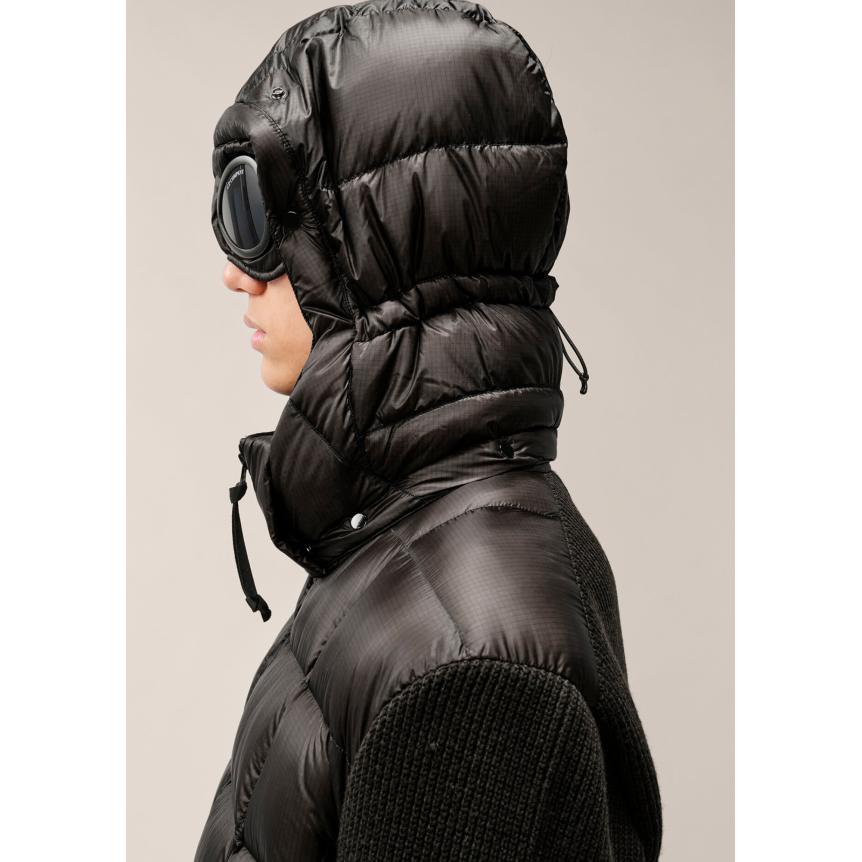 Cardigan à capuche à lunettes CP COMPANY bi matière laine mérinos extrafine nylon DD Shell noir