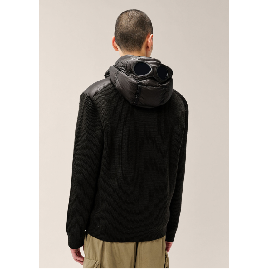 Cardigan à capuche à lunettes CP COMPANY bi matière laine mérinos extrafine nylon DD Shell noir