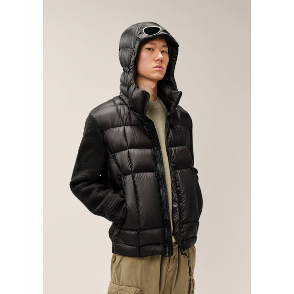 Cardigan à capuche à lunettes CP COMPANY bi matière laine mérinos extrafine nylon DD Shell noir