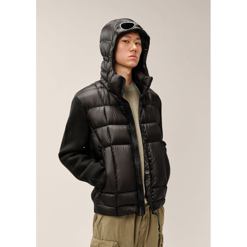 Cardigan à capuche à lunettes CP COMPANY bi matière laine mérinos extrafine nylon DD Shell noir