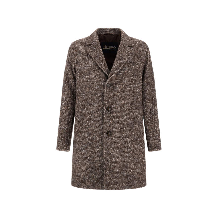 Manteau HERNO en Alpaga Laine Herringbone et Suede marron gros chevrons