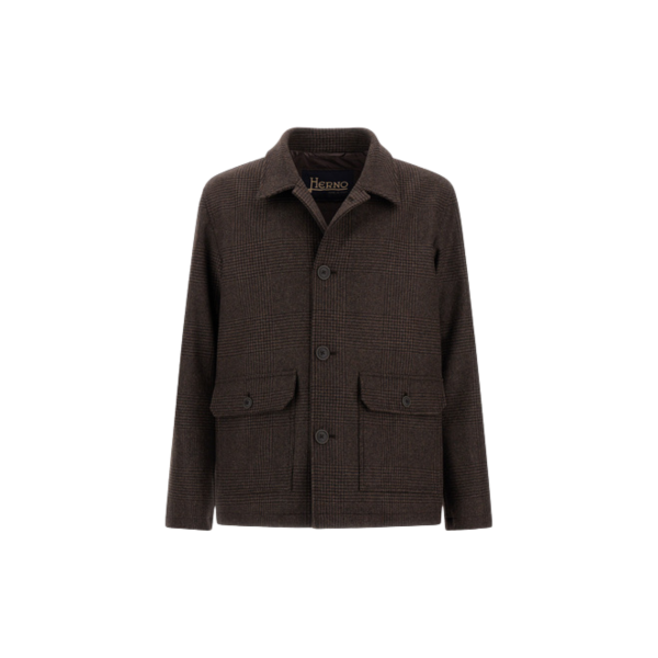 Veste boutonnée HERNO Laine Prince de Galles marron noir poche plaquée