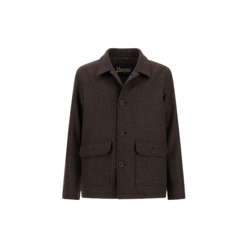 Veste boutonnée HERNO Laine Prince de Galles marron noir poche plaquée