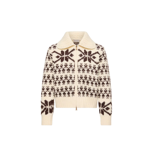 Cardigan zippé MONCLER laine jacquard écru flocon marron sequins