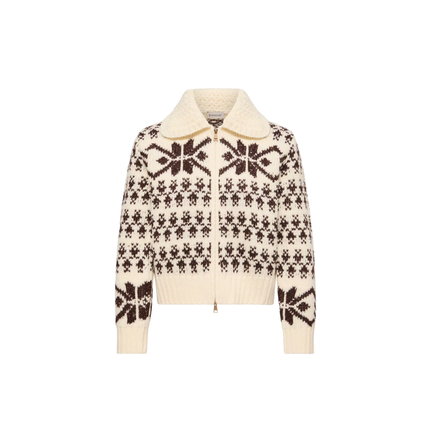 Cardigan zippé MONCLER laine jacquard écru flocon marron sequins
