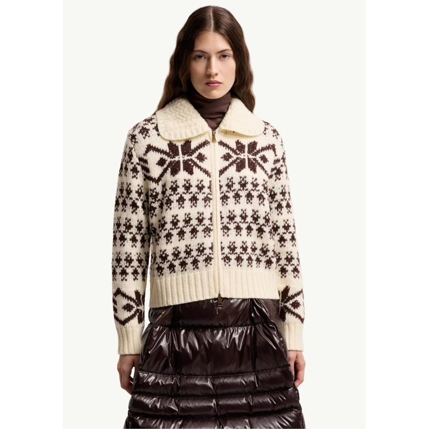 Cardigan zippé MONCLER laine jacquard écru flocon marron sequins
