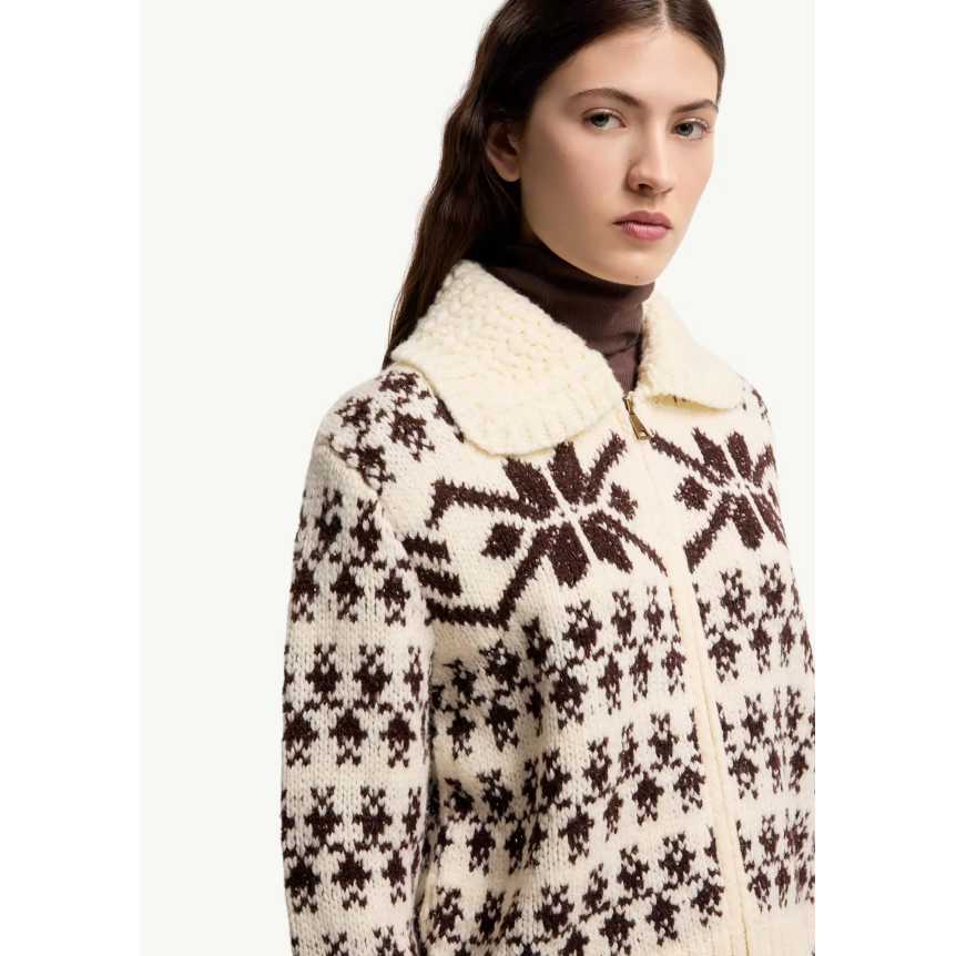 Cardigan zippé MONCLER laine jacquard écru flocon marron sequins