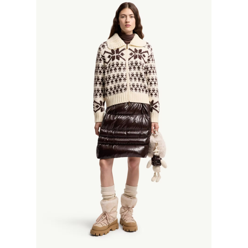 Cardigan zippé MONCLER laine jacquard écru flocon marron sequins
