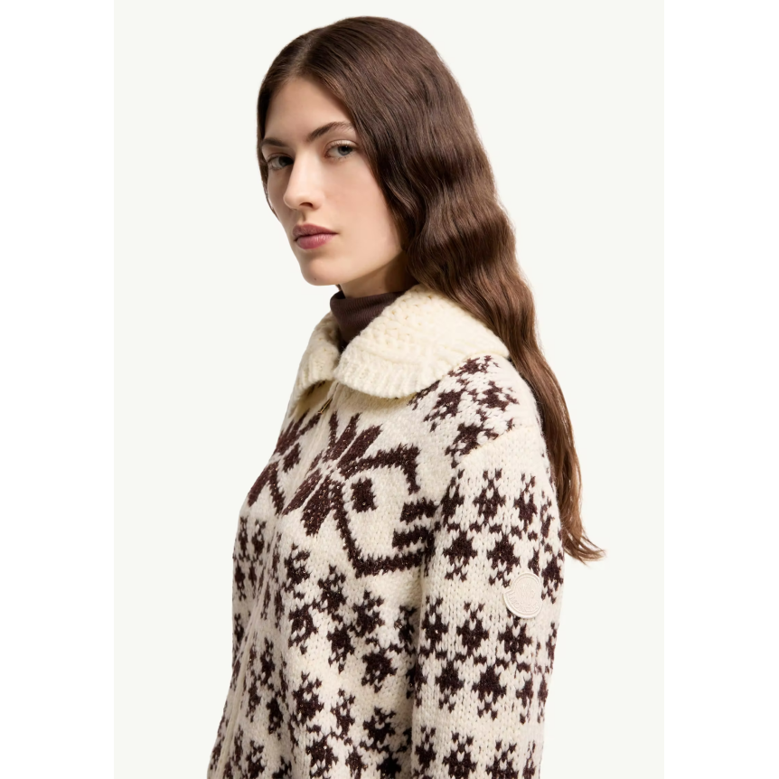 Cardigan zippé MONCLER laine jacquard écru flocon marron sequins