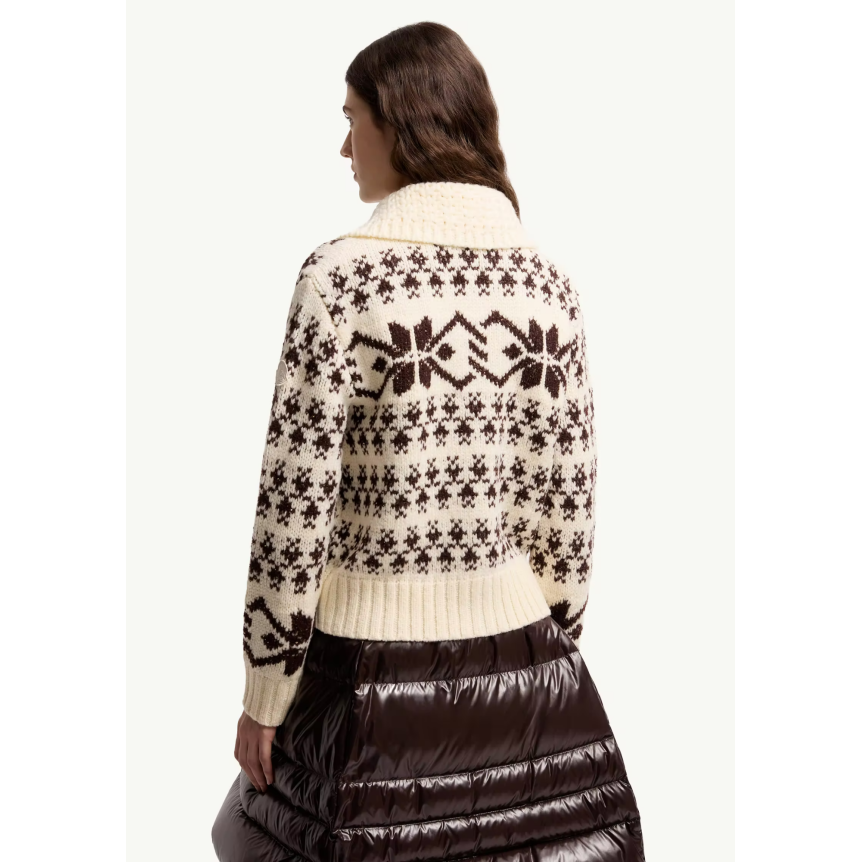 Cardigan zippé MONCLER laine jacquard écru flocon marron sequins