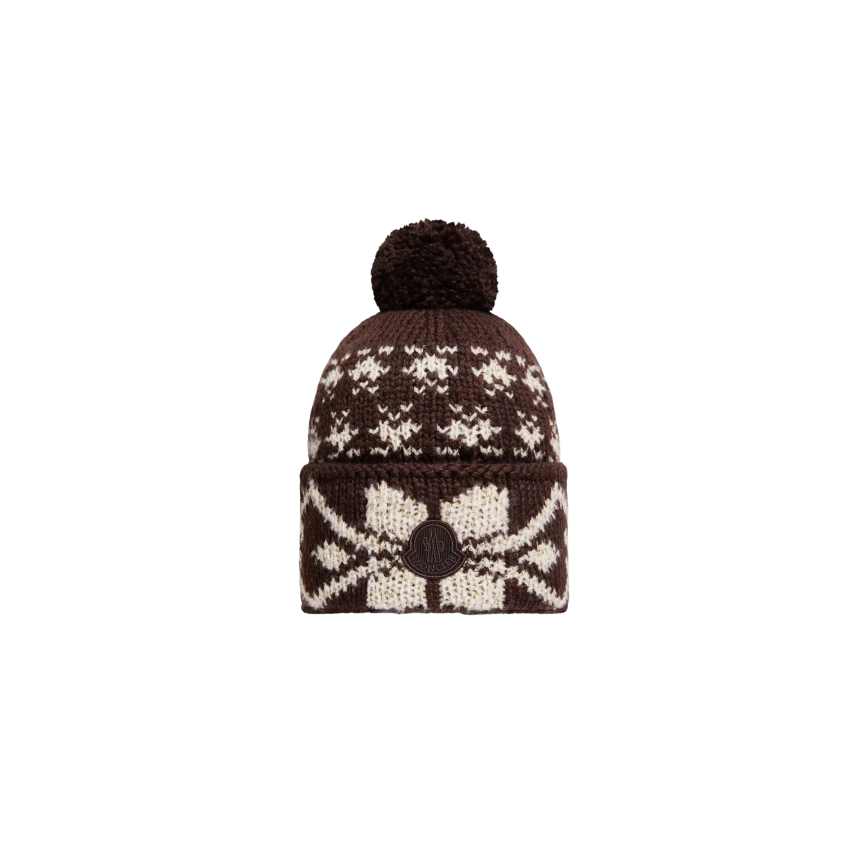 Bonnet à pompon MONCLER maille laine jacquard marron motif flocon écru sequins
