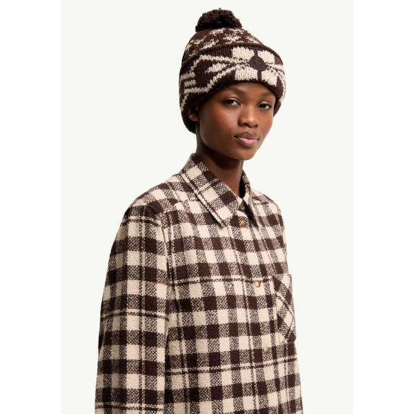 Bonnet à pompon MONCLER maille laine jacquard marron motif flocon écru sequins