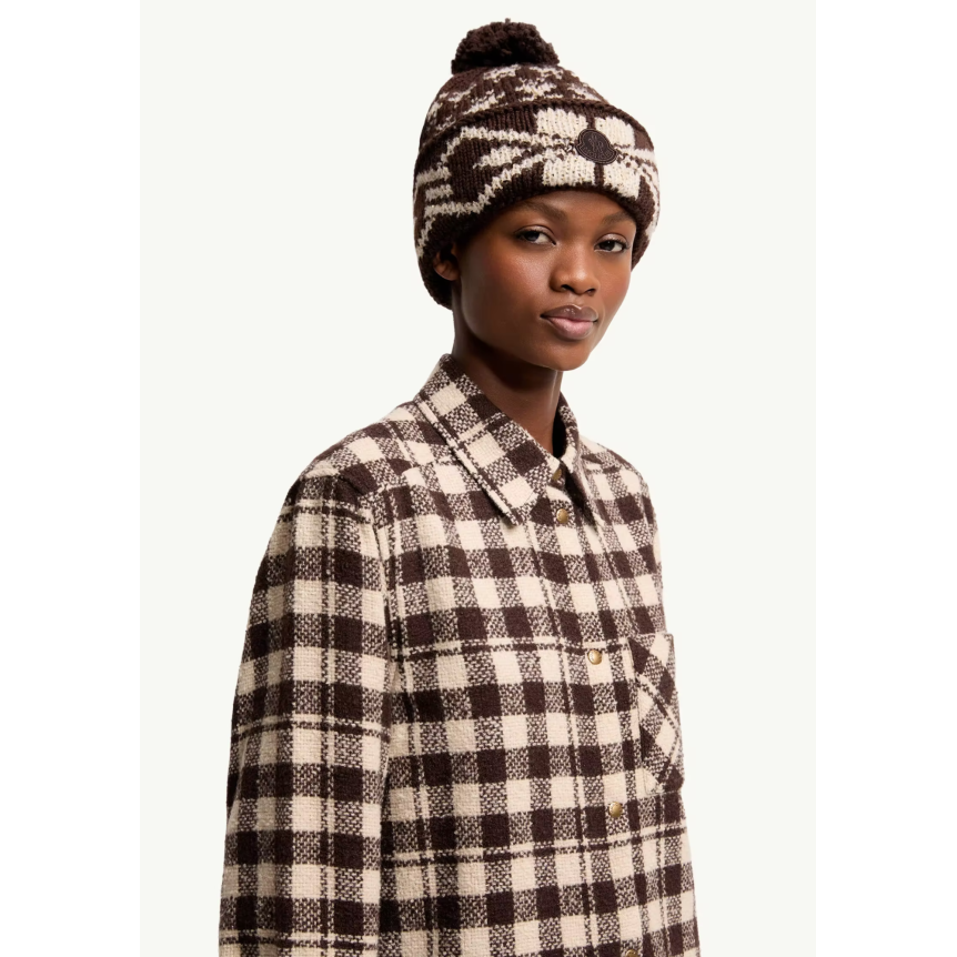 Bonnet à pompon MONCLER maille laine jacquard marron motif flocon écru sequins