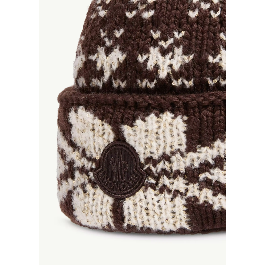 Bonnet à pompon MONCLER maille laine jacquard marron motif flocon écru sequins