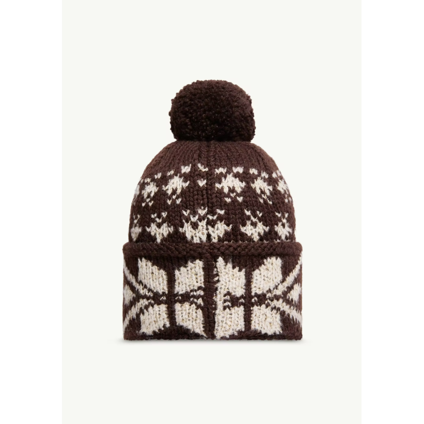 Bonnet à pompon MONCLER maille laine jacquard marron motif flocon écru sequins