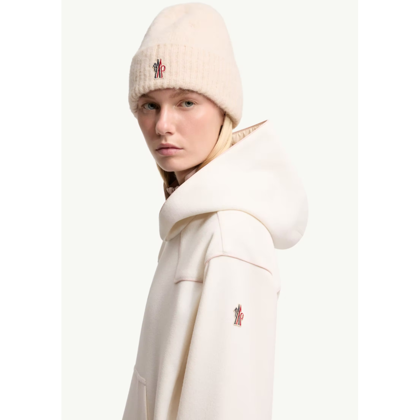 Sweat shirt à capuche MONCLER polaire teddy écru bordure rose Grenoble Collection