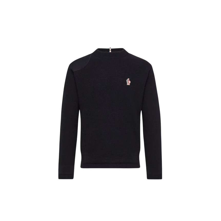 Pull col rond MONCLER laine bleu marine logo Grenoble Collection