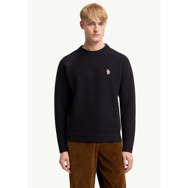Pull col rond MONCLER laine bleu marine logo Grenoble Collection