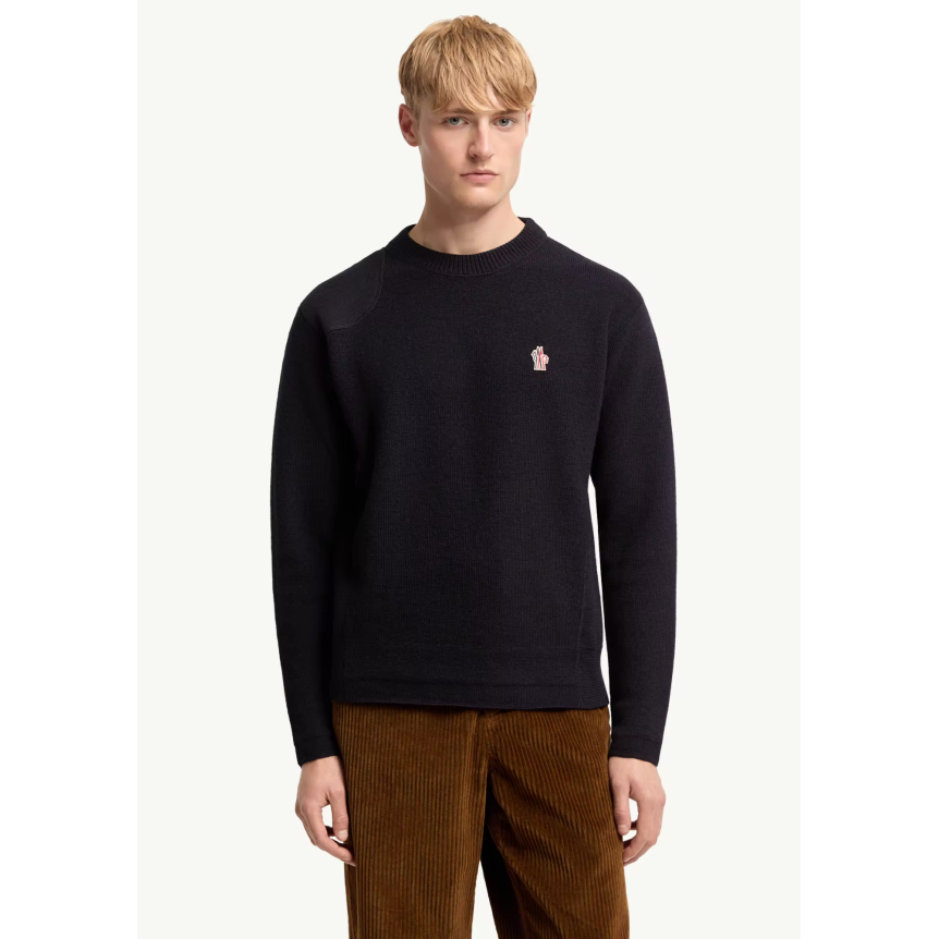 Pull col rond MONCLER laine bleu marine logo Grenoble Collection