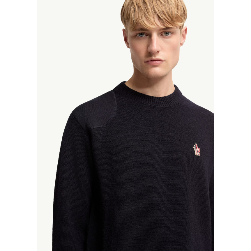 Pull col rond MONCLER laine bleu marine logo Grenoble Collection