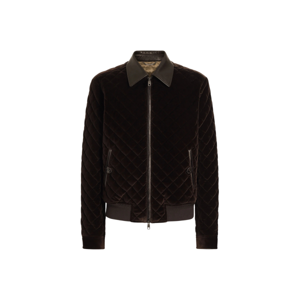 Blouson aviateur DOLCE & GABBANA velours matelassé losange marron col cuir