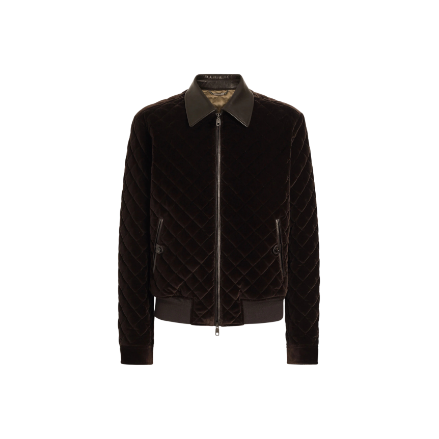 Blouson aviateur DOLCE & GABBANA velours matelassé losange marron col cuir