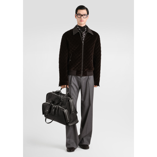 Blouson aviateur DOLCE & GABBANA velours matelassé losange marron col cuir