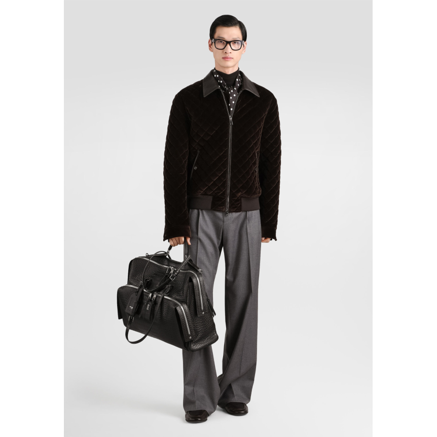 Blouson aviateur DOLCE & GABBANA velours matelassé losange marron col cuir