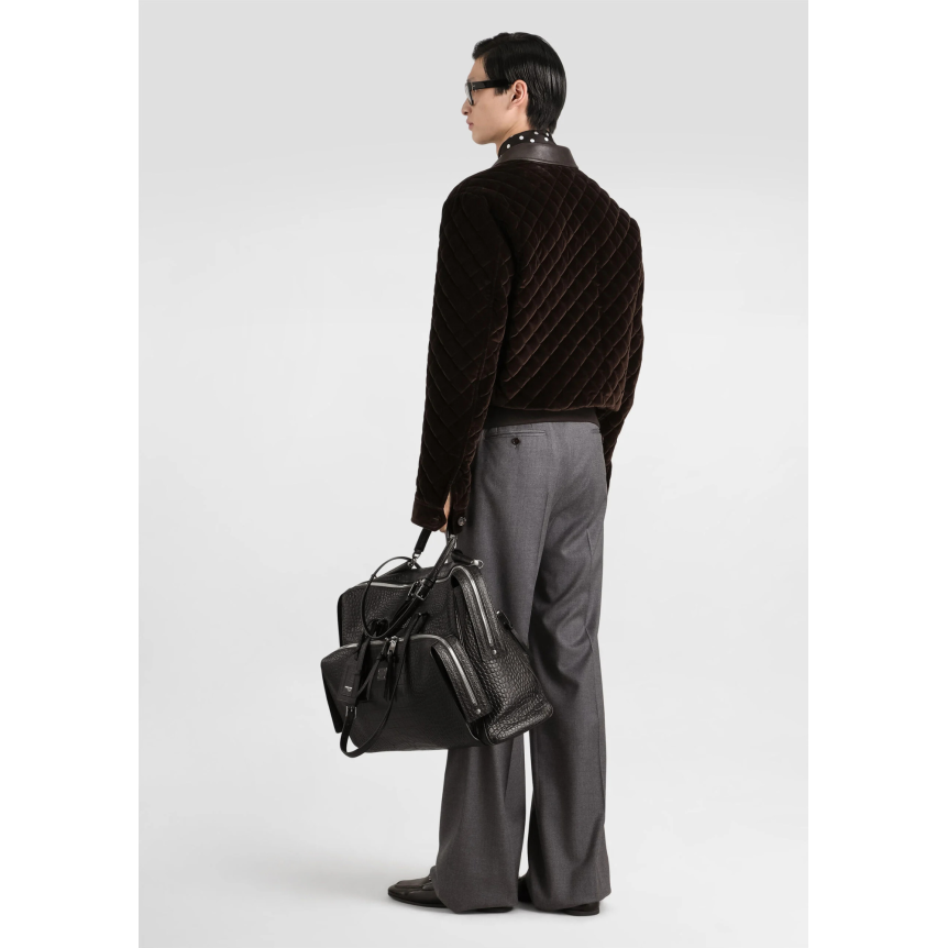 Blouson aviateur DOLCE & GABBANA velours matelassé losange marron col cuir