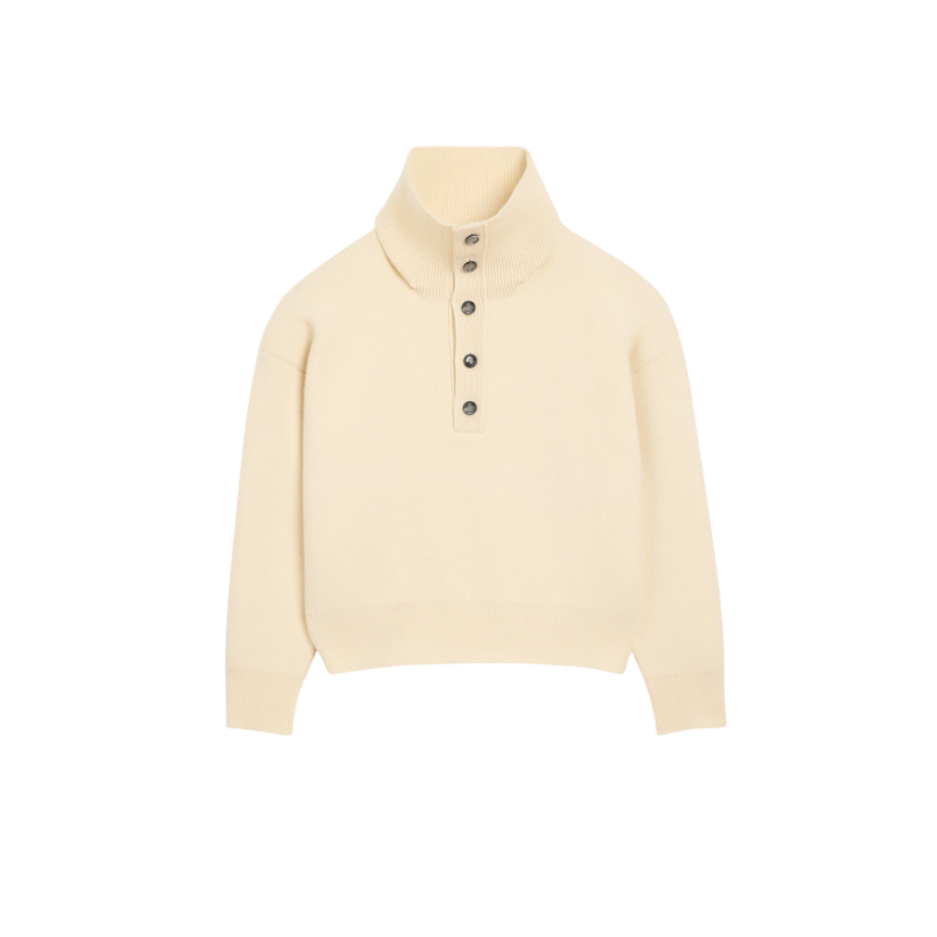 Pull AMI Paris col camionneur à boutons en maille laine écrue